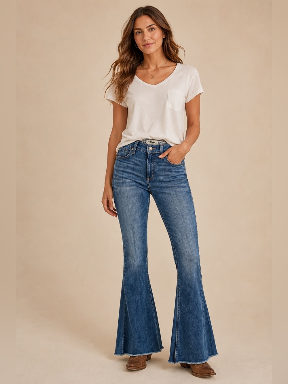 Ariat Real Kalani High Rise Flare Stretch Denim Jeans Raw Hem Blue Sz 27 Long